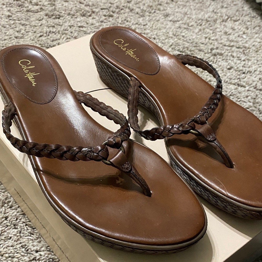 Cole Haan Brown Braided Leather Wedge Thong Sandals